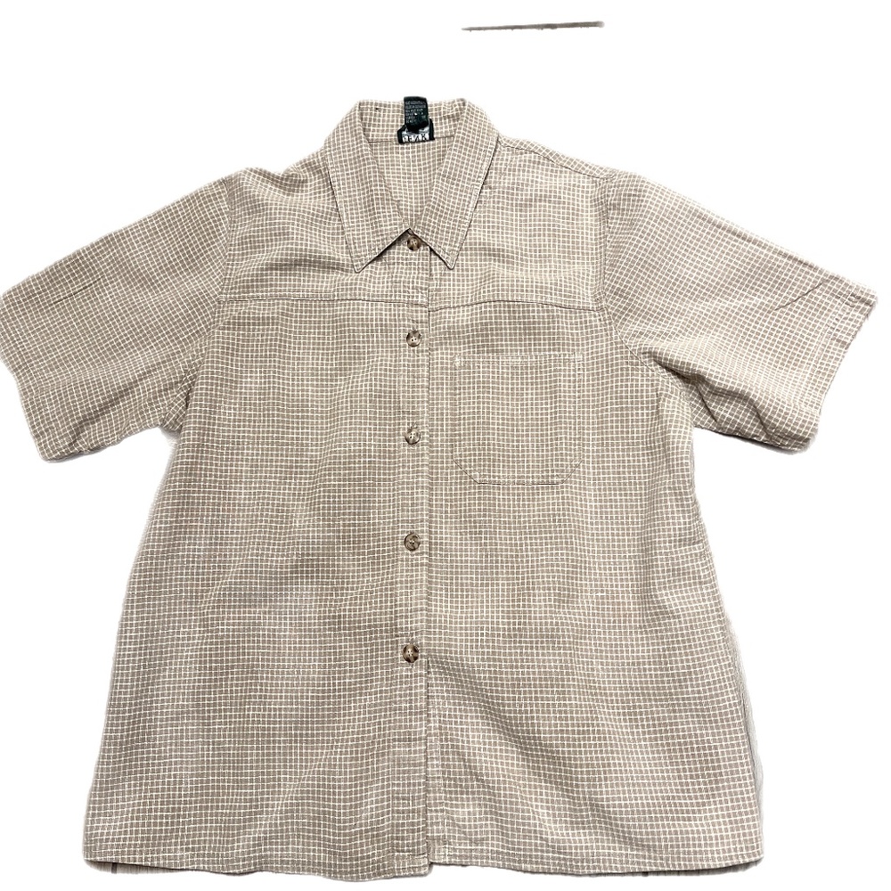 Genre Sport Womens Beige/White Plaid Linen Blend Collared Button Up Blouse SZ 16